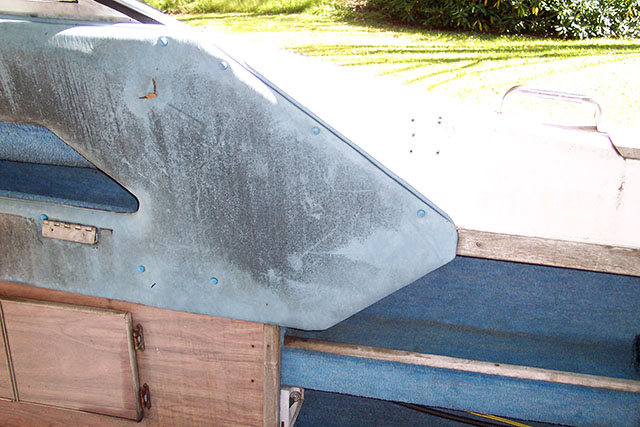 Boat interior with mold and mildew buildup.