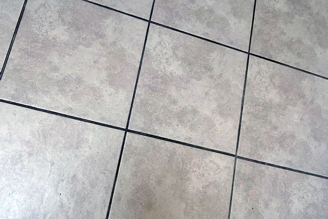 Ceramic tile floor with dirt in grout lines.