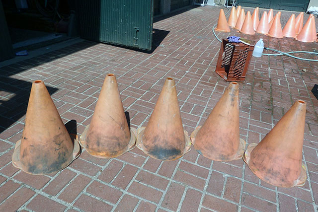 Horse driving cones dirty from use.