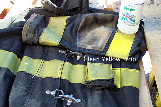 Yellow stripe on right side of fire fighter's jacket cleaned with Ultra One G5.
