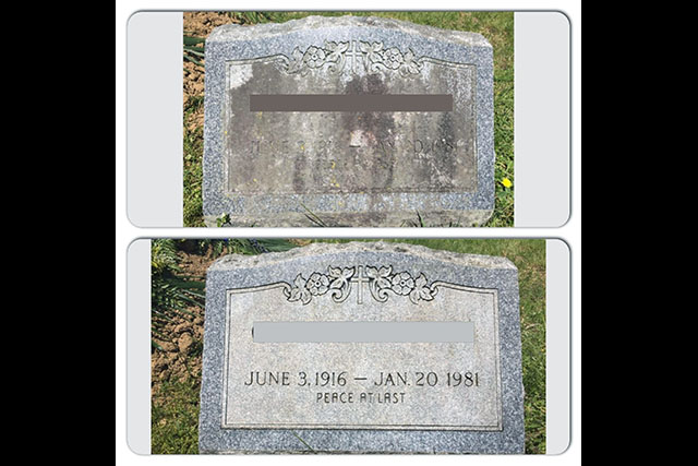 Top picture shows a grave stone covered in dirt and mold. Bottom picture shows the grave stone cleaned.