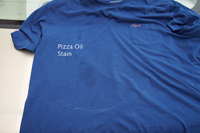 T-shirt with stains from pizza grease.