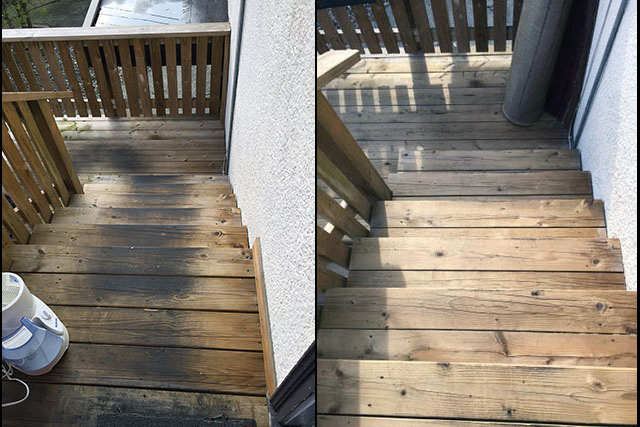 Before and after wooden steps on deck.