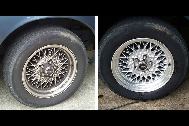 Jaguar tire before and after cleaning with Ultra One G5.