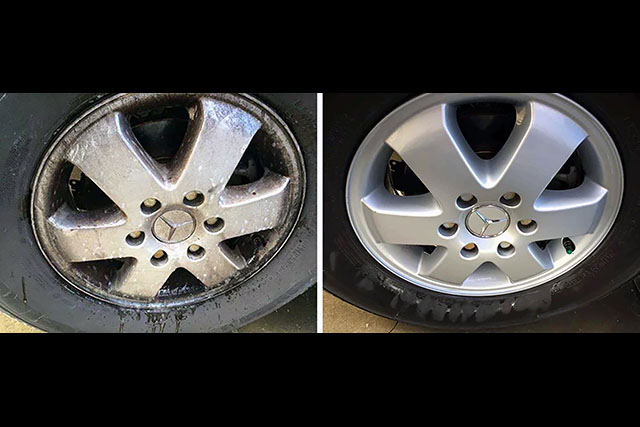 Mercedes Benz tire before and after cleaning with Ultra One G5.