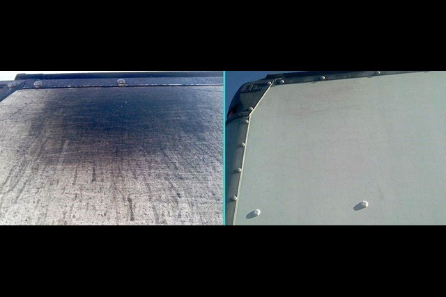 Trailer aluminum siding before and after cleaning with Ultra One G5.